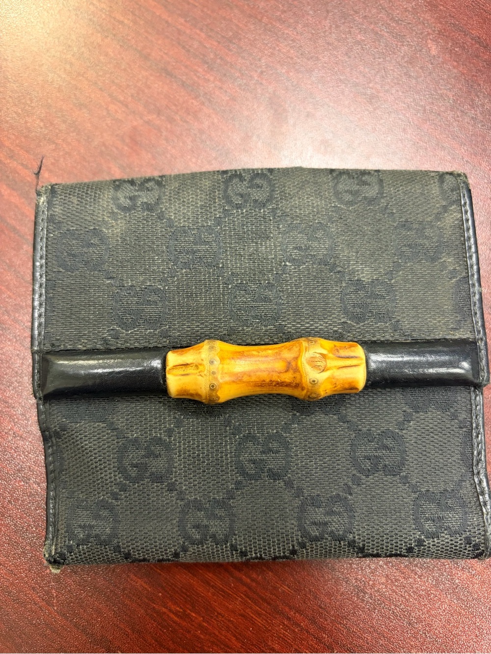 Gucci Black Monogram Canvas Wallet with Bamboo Accent